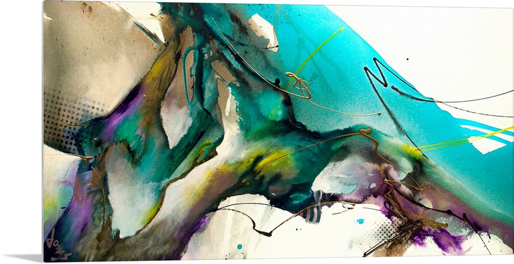 Contemporary artwork of abstract bright colors, including teal hues against an off-white background.