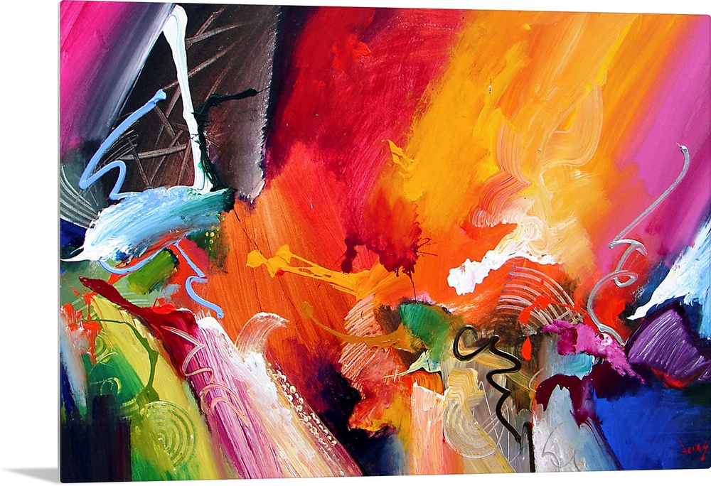 Large abstract painting composed of sharp lines, vibrant colors and lots of movement.