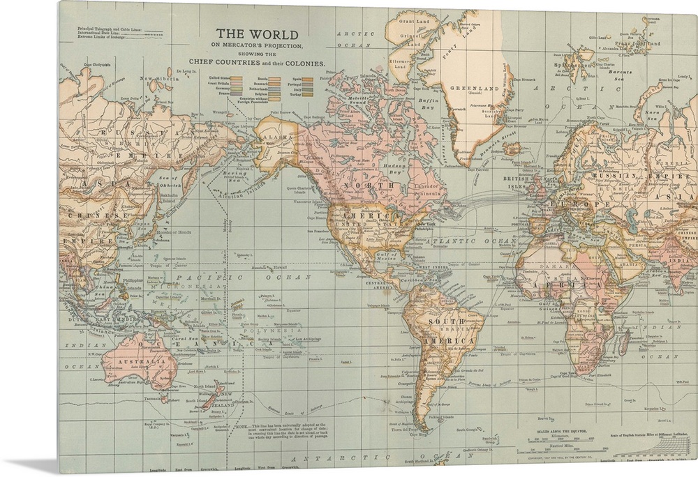 Vintage map of the earth on a pale blue green background, from the Encyclopaedia Britannica collection, with the Americas ...