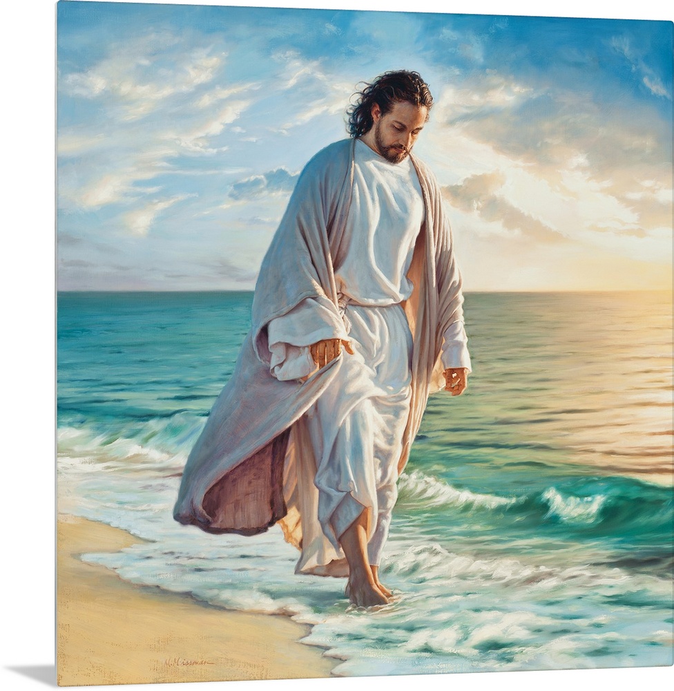Fine Art painting of Jesus walking in the edge of the surf on a beach.