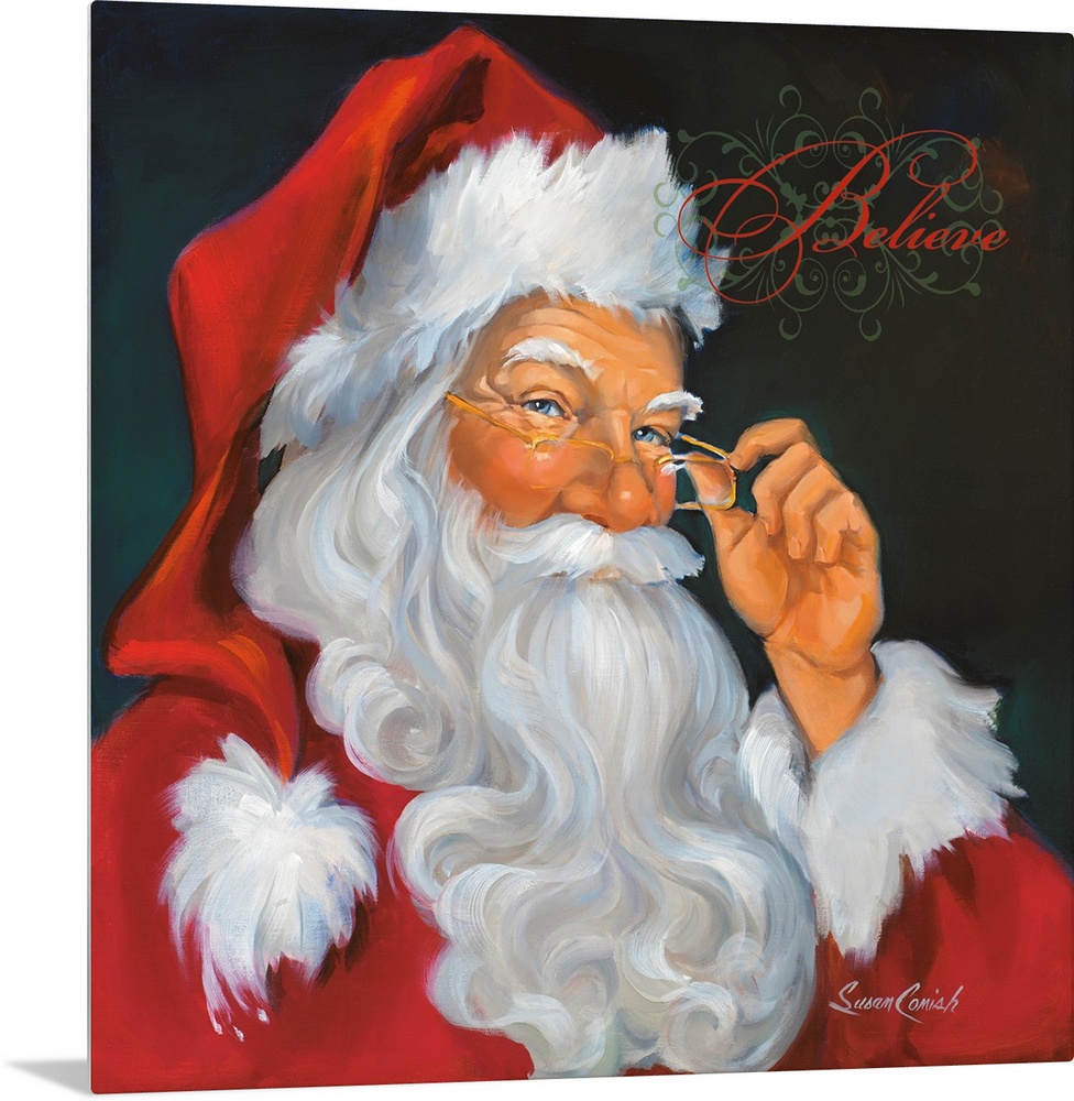 Fine art painting of Santa Claus in a red suit with the word "Believe"  above his head.