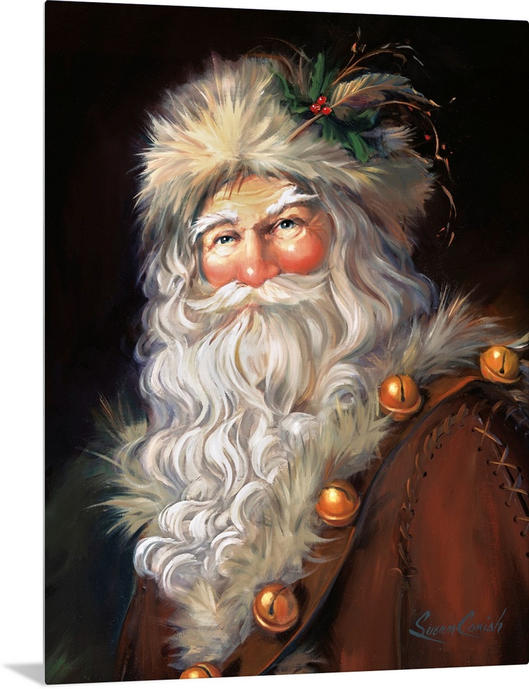 Fine art painting of Santa Claus wearing a fur hat and jacket.