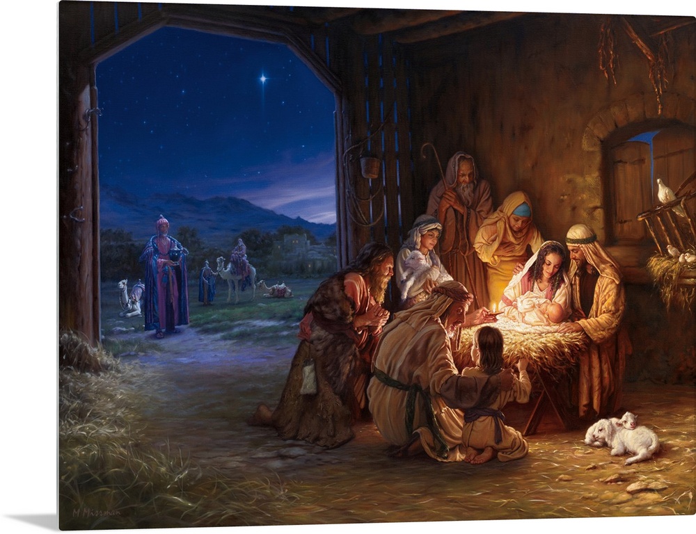 Religious painting featuring the nativity scene as shepherds gather around the baby Jesus and the...