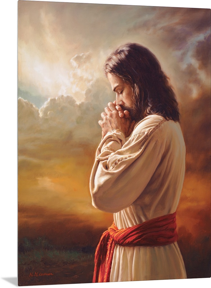 Fine art painting of Jesus praying in front of a sunset while wearing a red belt.