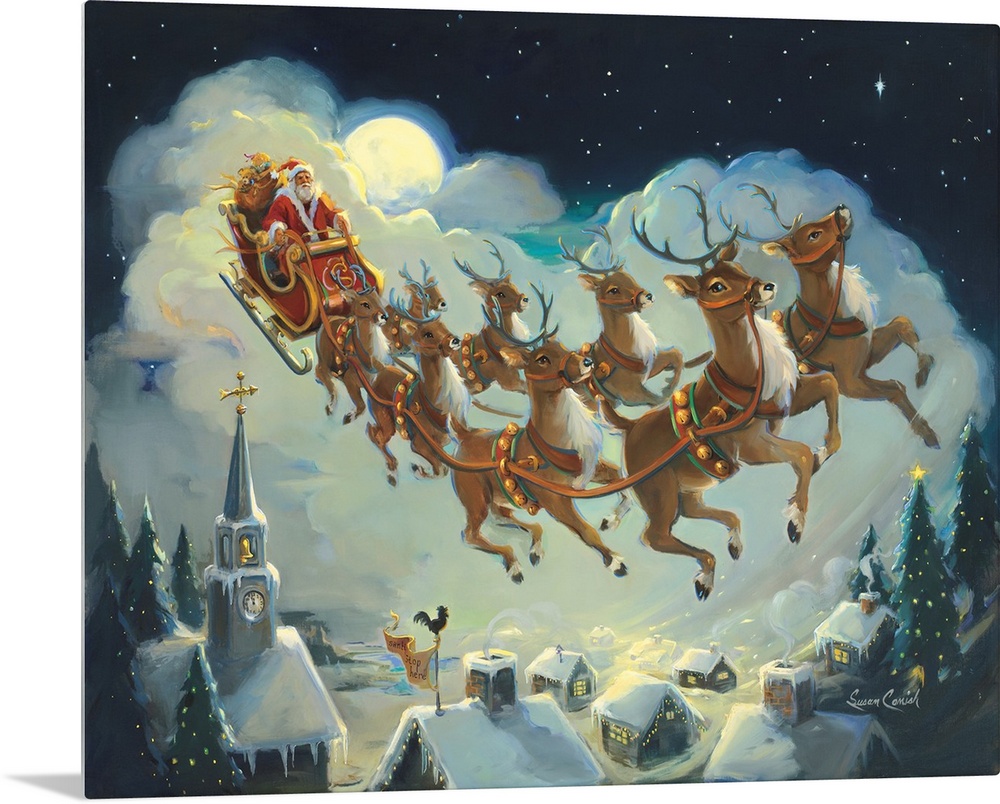 Painting of Santa and his reindeer flying over houses at night.