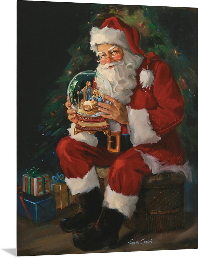 Decor for the holiday season of Santa holding a large snow globe with a Nativity scene and baby Jesus inside.