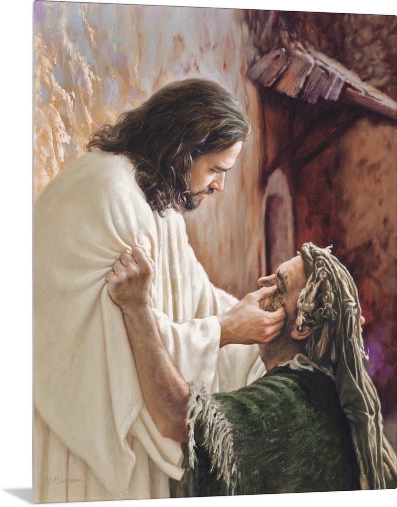 Fine art painting of Jesus rubbing a man's eyes.