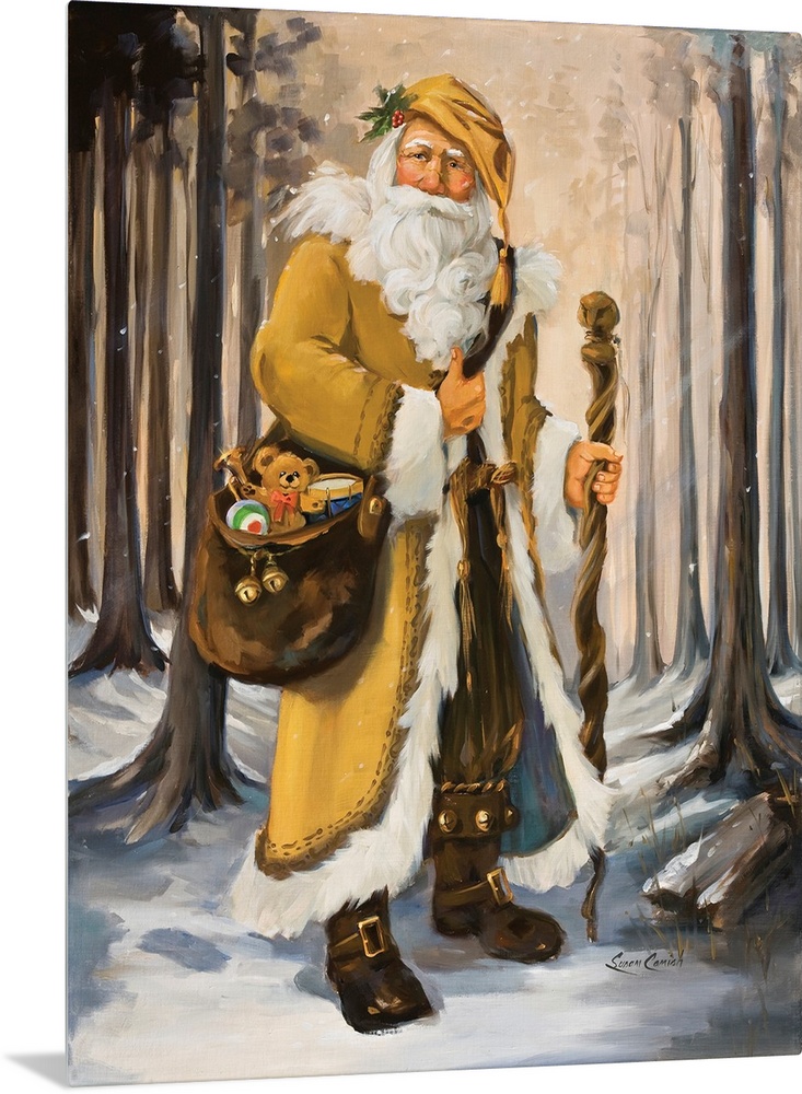 Painting of Santa in a yellow suit walking through the woods.