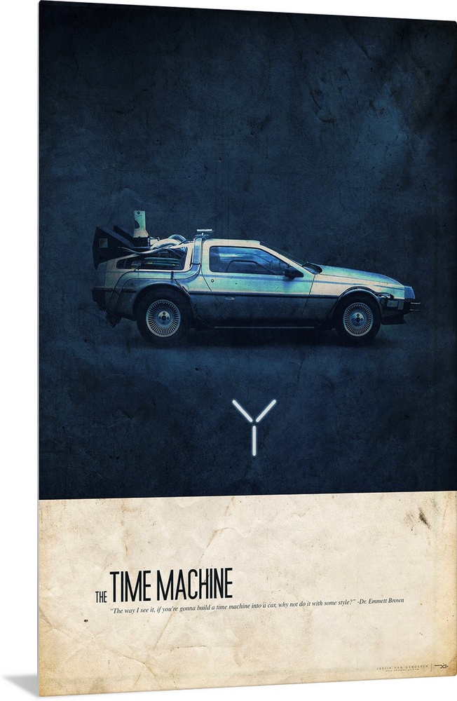 Big canvas art of the Delorean car from Back to the Future with text that reads "The Time Machine".