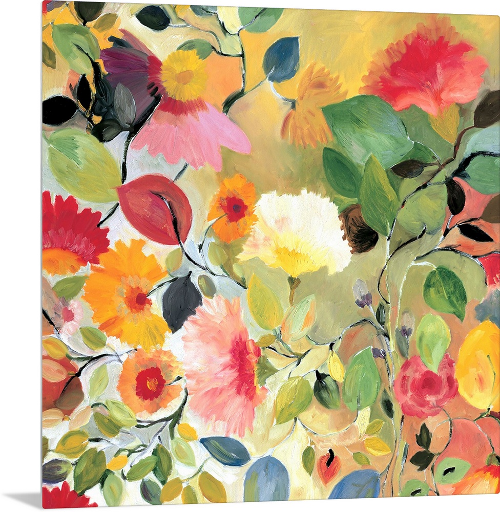 A series of flowers and leaves in warm colors and a soft style against a light background.