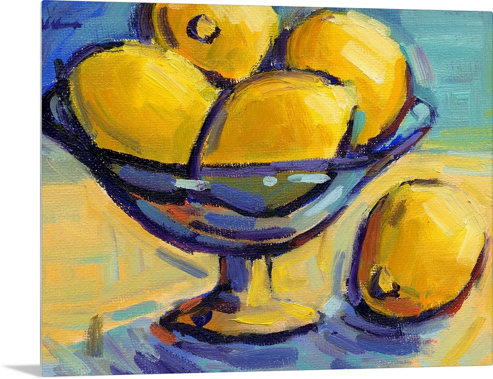 A contemporary abstract painting of a bowl of lemons against a blue background.