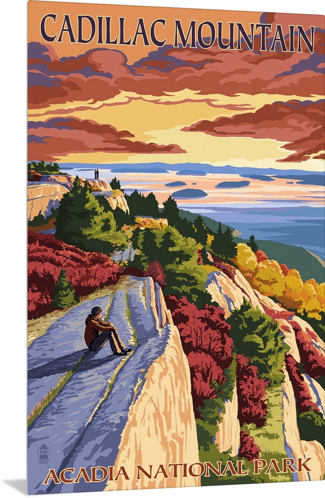 Acadia National Park, Maine - Cadillac Mountain: Retro Travel Poster