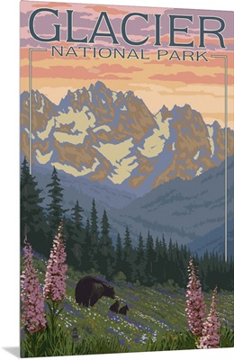 Bear and Cubs with Flowers - Glacier National Park, Montana: Retro Travel Poster