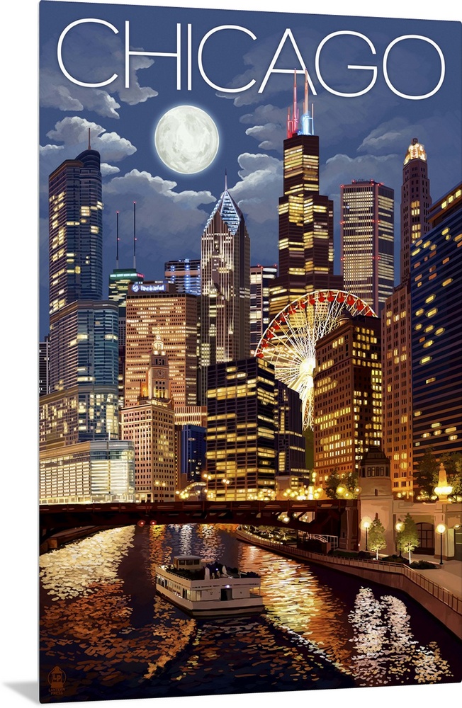 Chicago, Illinois - Skyline at Night: Retro Travel Poster