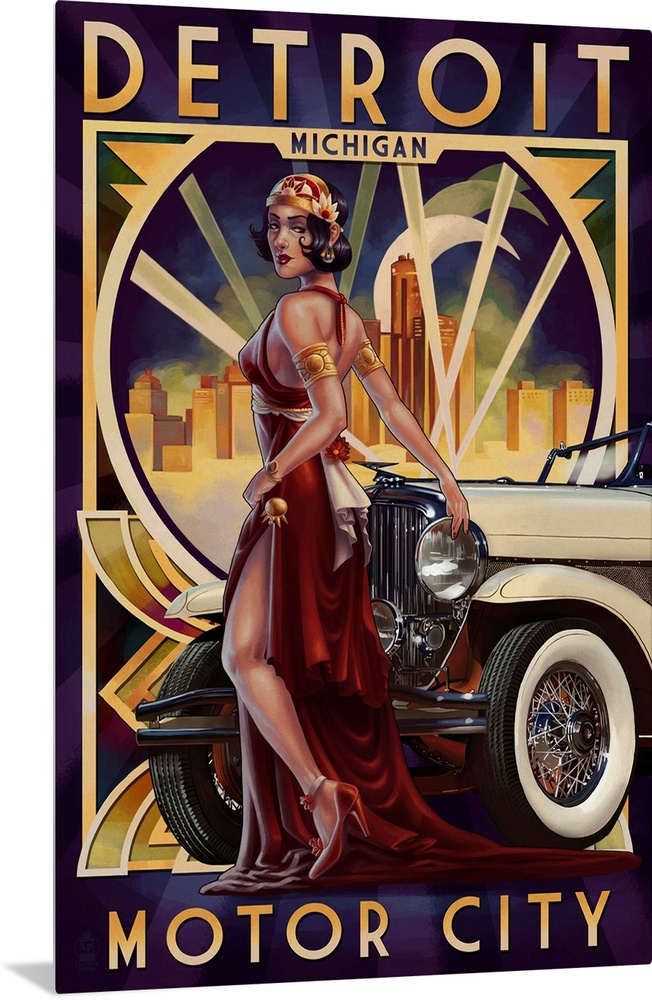 A stunning art deco style portrait of a glamorously dressed woman leaning against an antique automobile. Perfect for any v...