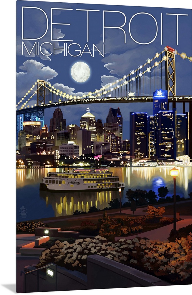 Detroit, Michigan - Skyline at Night: Retro Travel Poster