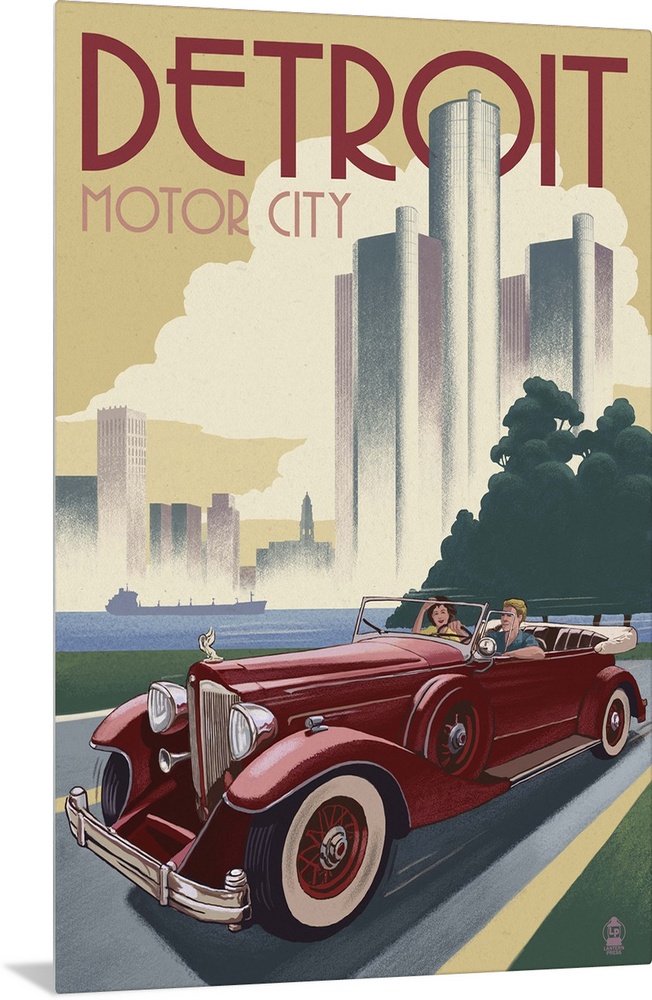 Detroit, Michigan - Vintage Car and Skyline: Retro Travel Poster