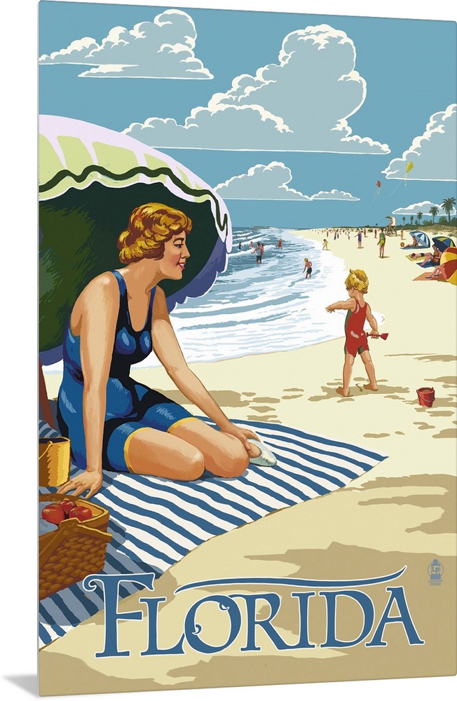 Retro stylized art poster of a beach scene, with a woman sitting on a blanket under a an umbrella.