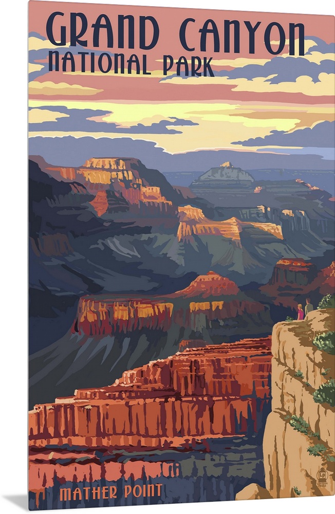 Retro stylized art poster of a view of a massive canyon.