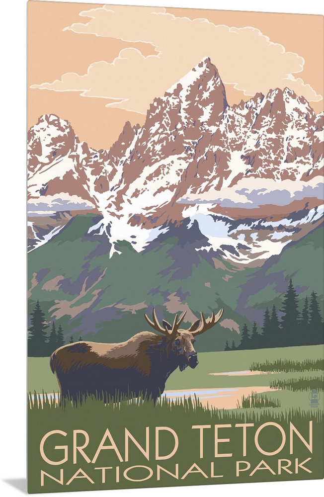 Grand Teton National Park - Moose and Mountains: Retro Travel Poster