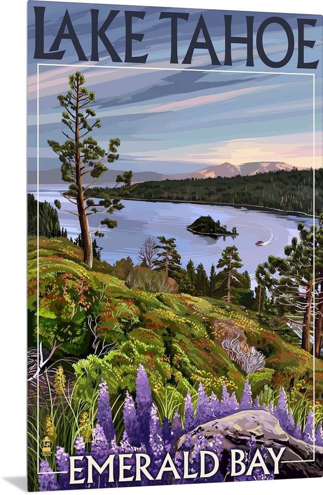 Retro stylized art poster of a wilderness scene. With vibrant wildflowers, and a bay in the background.