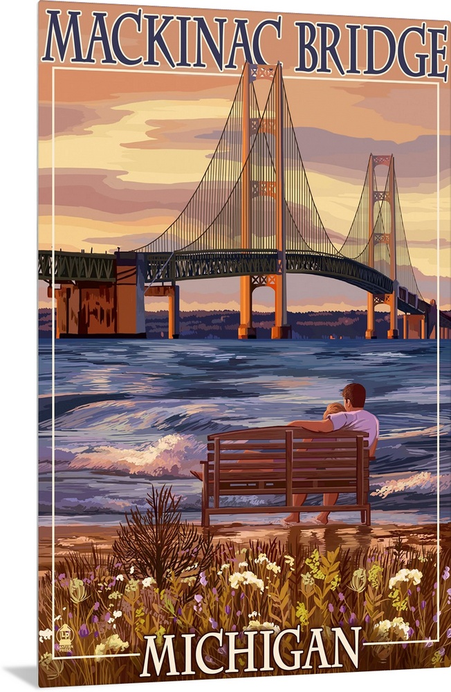Retro stylized art poster of a person sitting on a bench looking out over a bay at large suspension bridge.