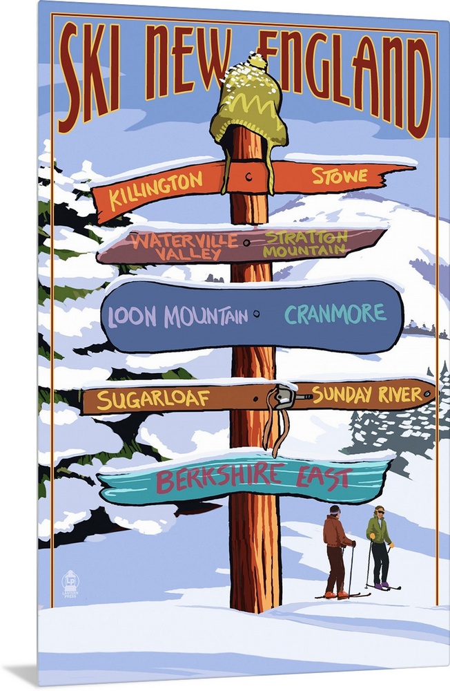 New England - Ski Areas Sign Destinations: Retro Travel Poster