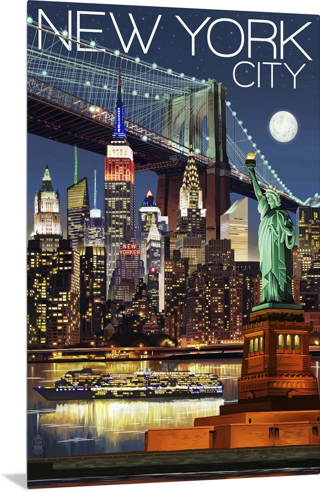 New York City, NY - Skyline at Night: Retro Travel Poster