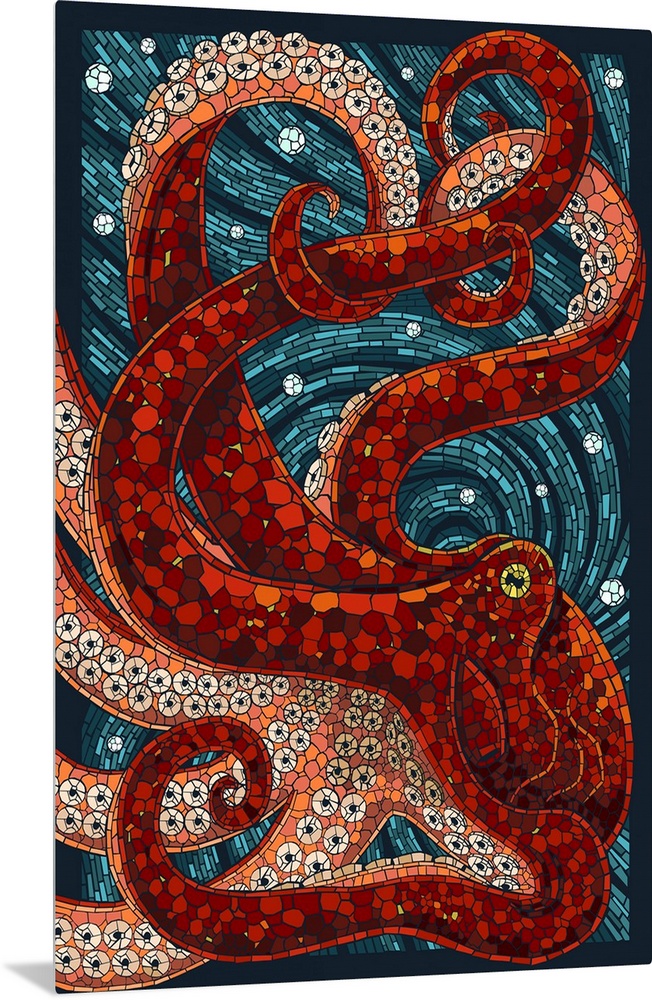 An intricately flowing mosaic-style image of a large red octopus fills the entire picture. Complimented by a dark teal mos...