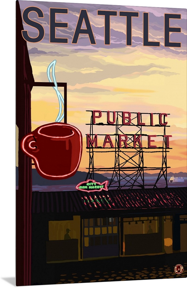 Pike Place Market - Sign and Water: Retro Travel Poster