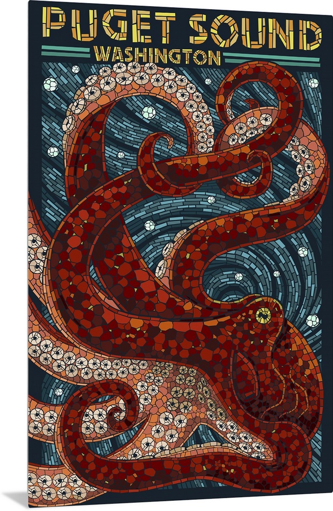 Puget Sound, Washington - Octopus Mosaic: Retro Travel Poster