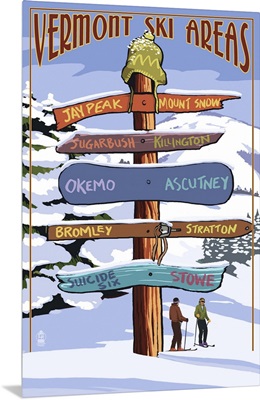 Vermont - Ski Areas Sign Destinations: Retro Travel Poster