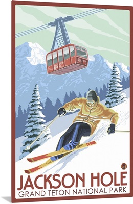 Wyoming - Jackson Hole Grand Teton Skiing: Retro Travel Poster