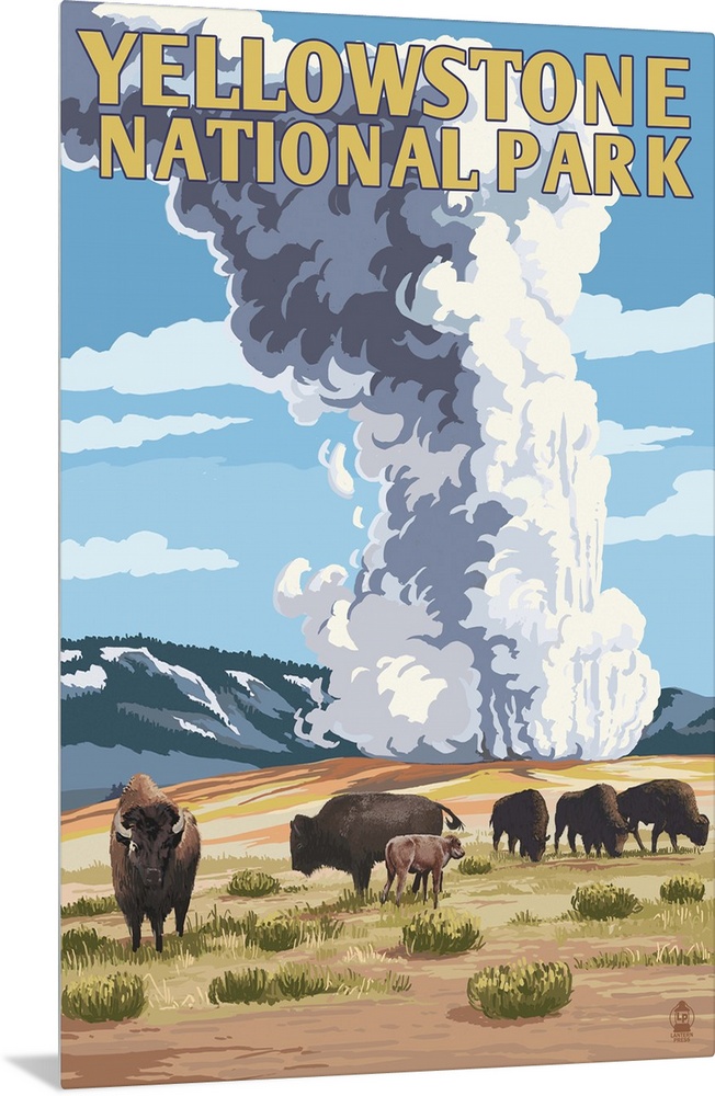 Yellowstone National Park - Old Faithful Geyser and Bison Herd: Retro Travel Poster