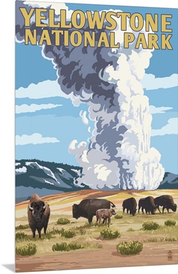 Yellowstone National Park - Old Faithful Geyser and Bison Herd: Retro Travel Poster