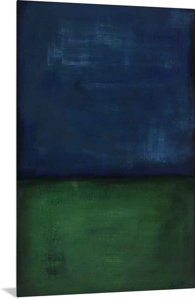 Contemporary abstract painting of a dark blue and green colorfield.