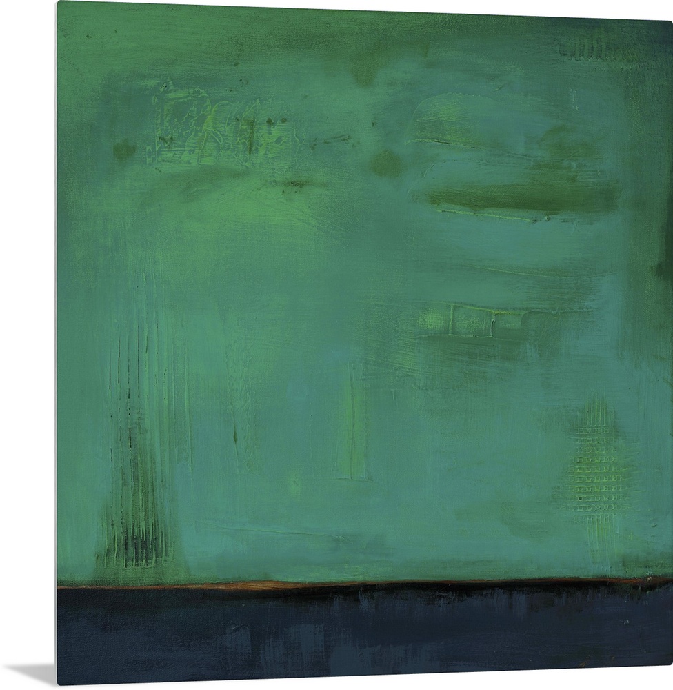 Square, abstract painting featuring large blocks of color in green and dark blue/gray