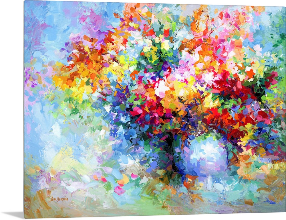 Contemporary painting of a colorful vase of flowers.