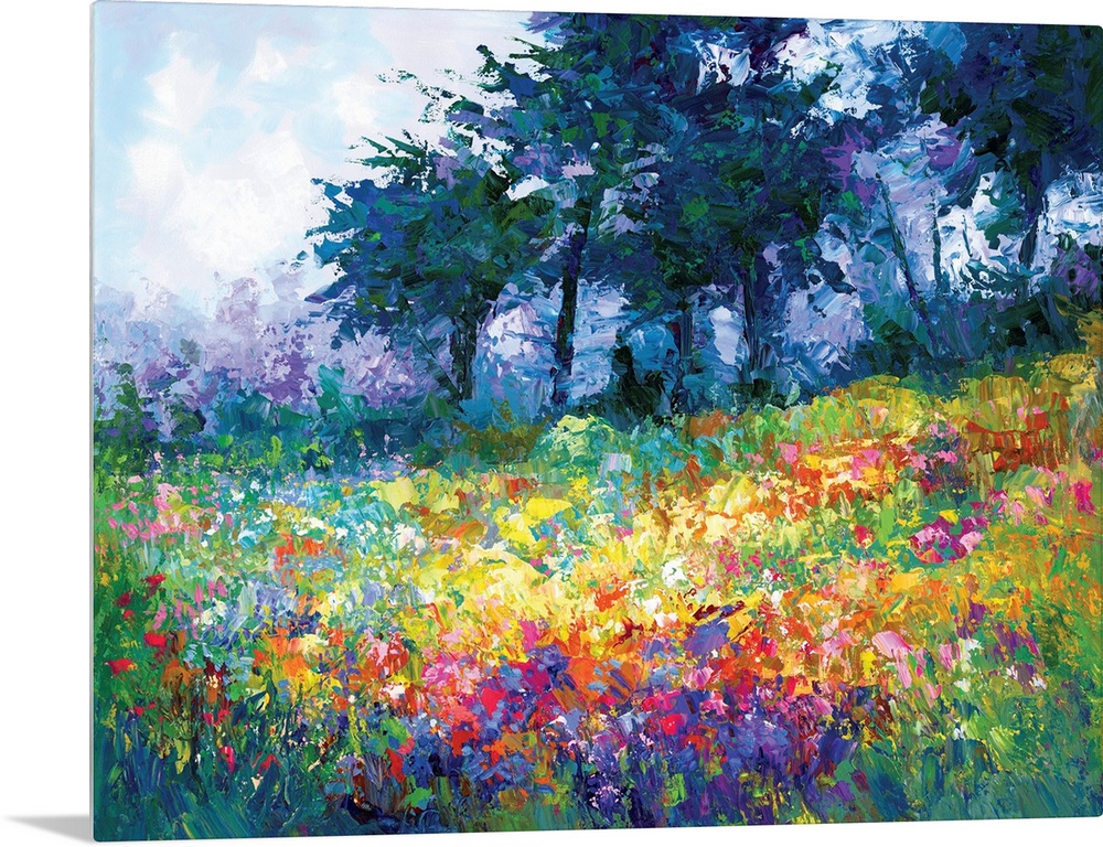 Contemporary landscape painting of wildflowers in bloom in the style of abstract impressionism. The vibrant brush strokes ...