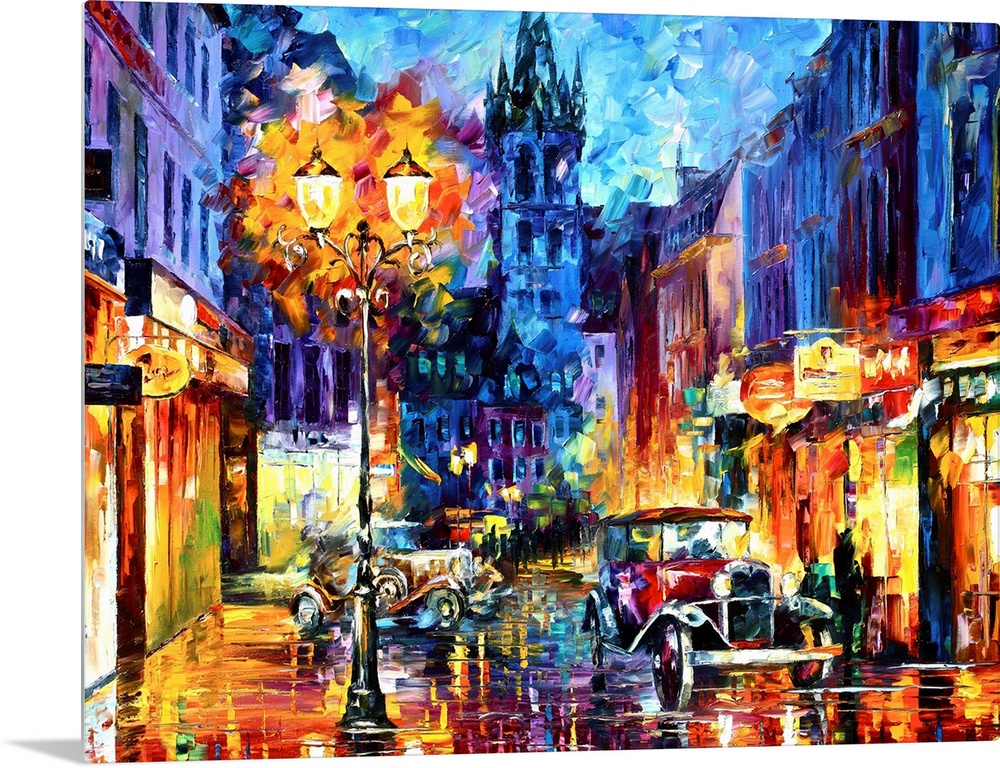 Contemporary artwork that uses various colors to depict a small town with old fashioned cars on the street and an antique ...