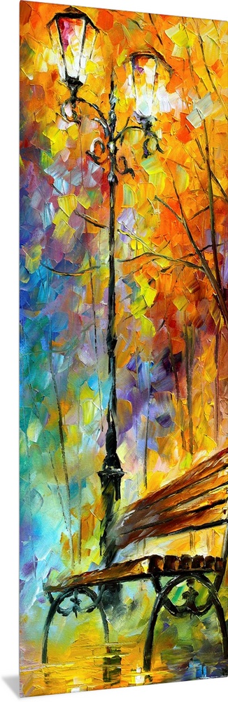 This large vertical piece is a painting of a bench and a street lamp with an array of colors painted around the lamp and a...