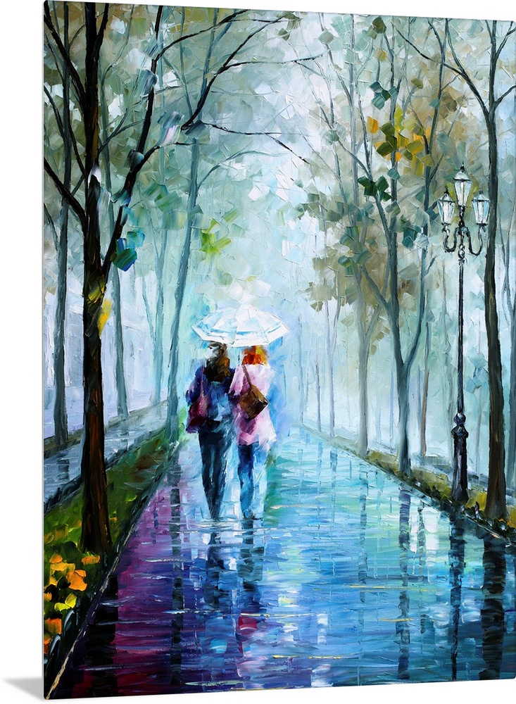 Vertical painting of two people walking in the rain with an umbrella on a path lined with trees.