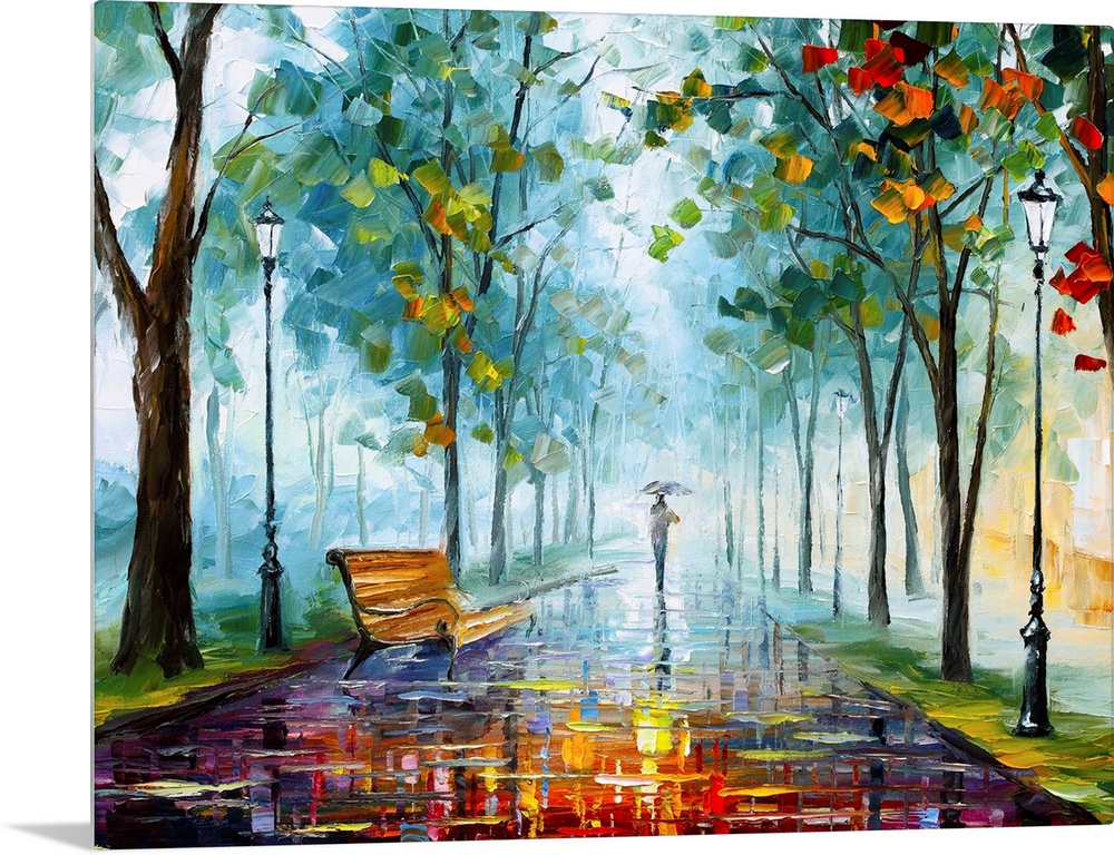 Contemporary  painting of person with umbrella walking in the rain into the distance on a wet path.  The path is lined wit...