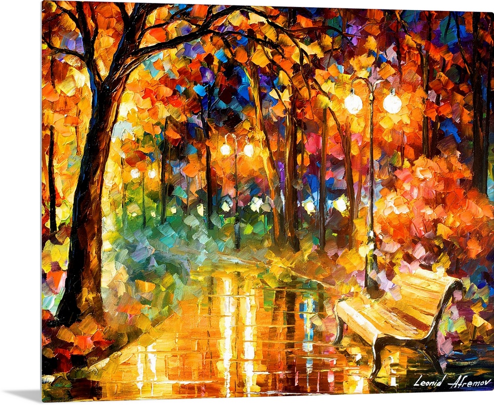 Contemporary colorful painting of wet sidewalk after a rain reflecting the lights and foliage all around.