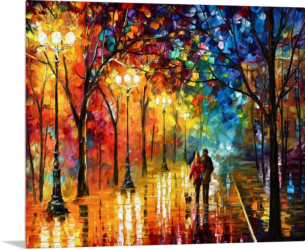 Contemporary landscape art work of a couple strolling down a city street at night with street lights illuminating wet pave...