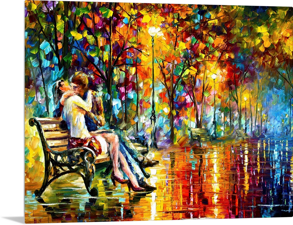 Classical painting of couple kissing on park bench at night after a rain.  The bench is on a stone path lined by colorful ...