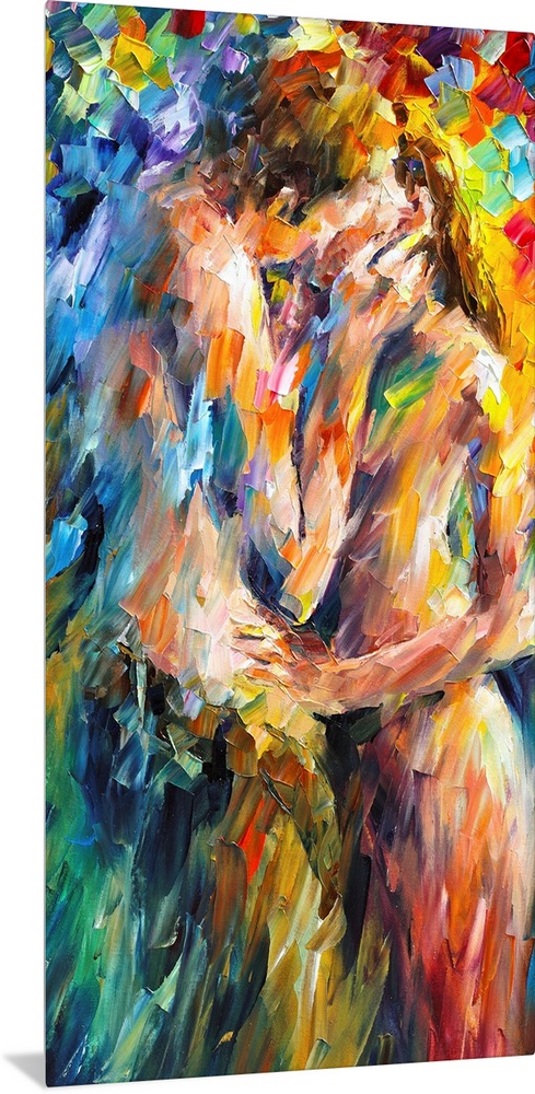 A contemporary vertical painting of two nude figures embracing; this painting has been created with broad abstract brushst...