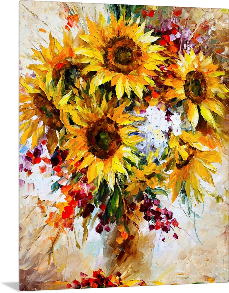 Boldly colored contemporary painting of a bouquet of sunflowers and other florals in a vase.