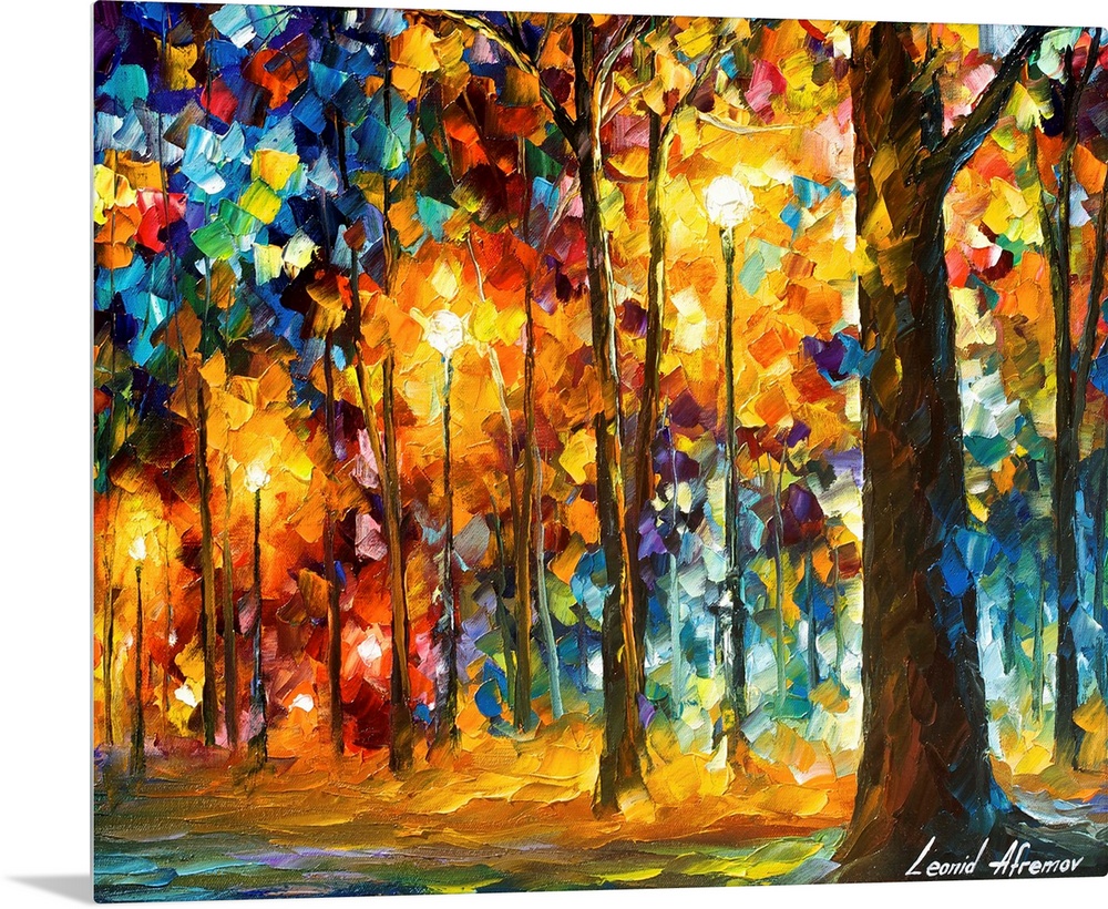 Contemporary colorful painting of a line of trees and light posts illuminated in the evening.