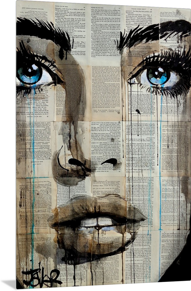 Contemporary urban artwork of a close-up of a woman's face with deep blue eyes against a background of tiled book pages.